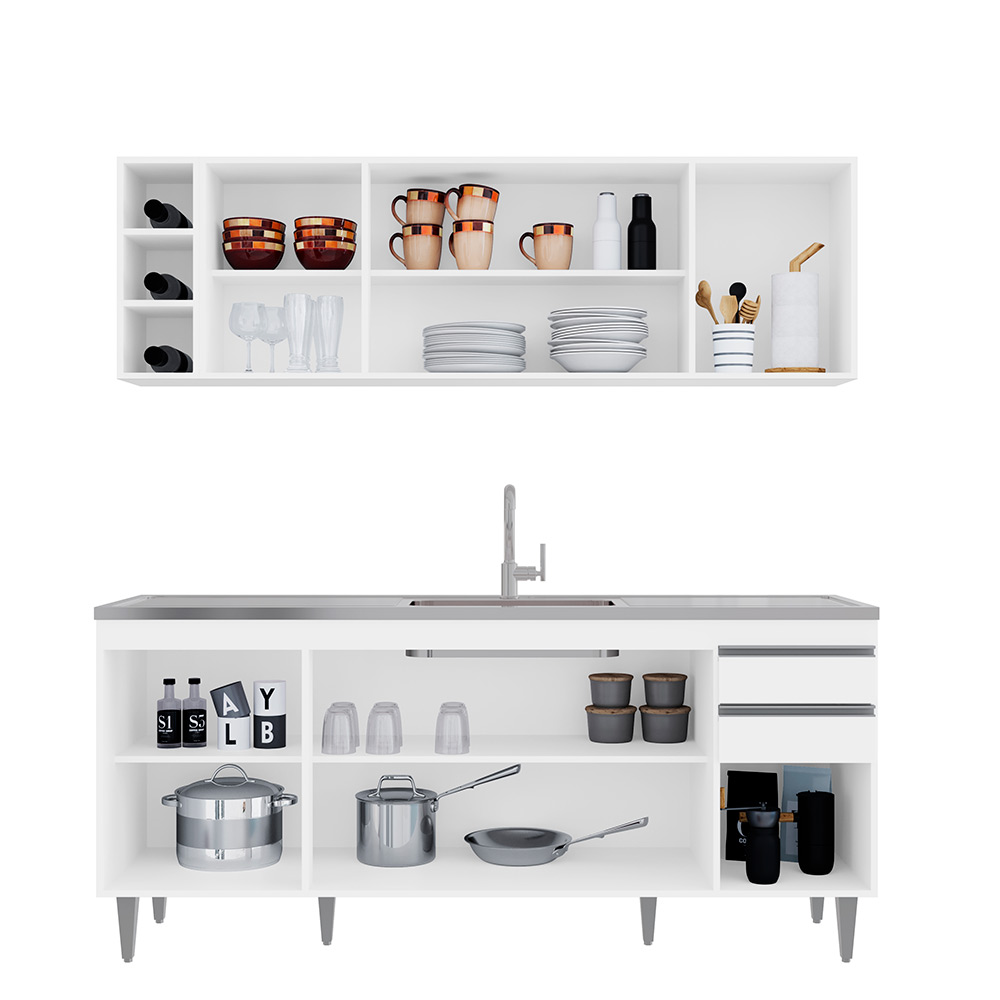Conjunto Balcão de Cozinha para Pia Apex Armário Aéreo MDP/BP Branco G96 - Gran Belo