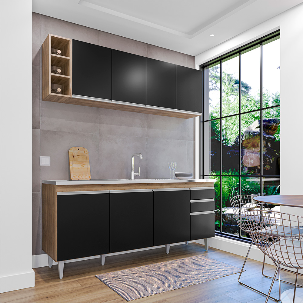 Conjunto Balcão de Cozinha para Pia Apex Armário Aéreo MDP/BP Freijó/Preto G96 - Gran Belo