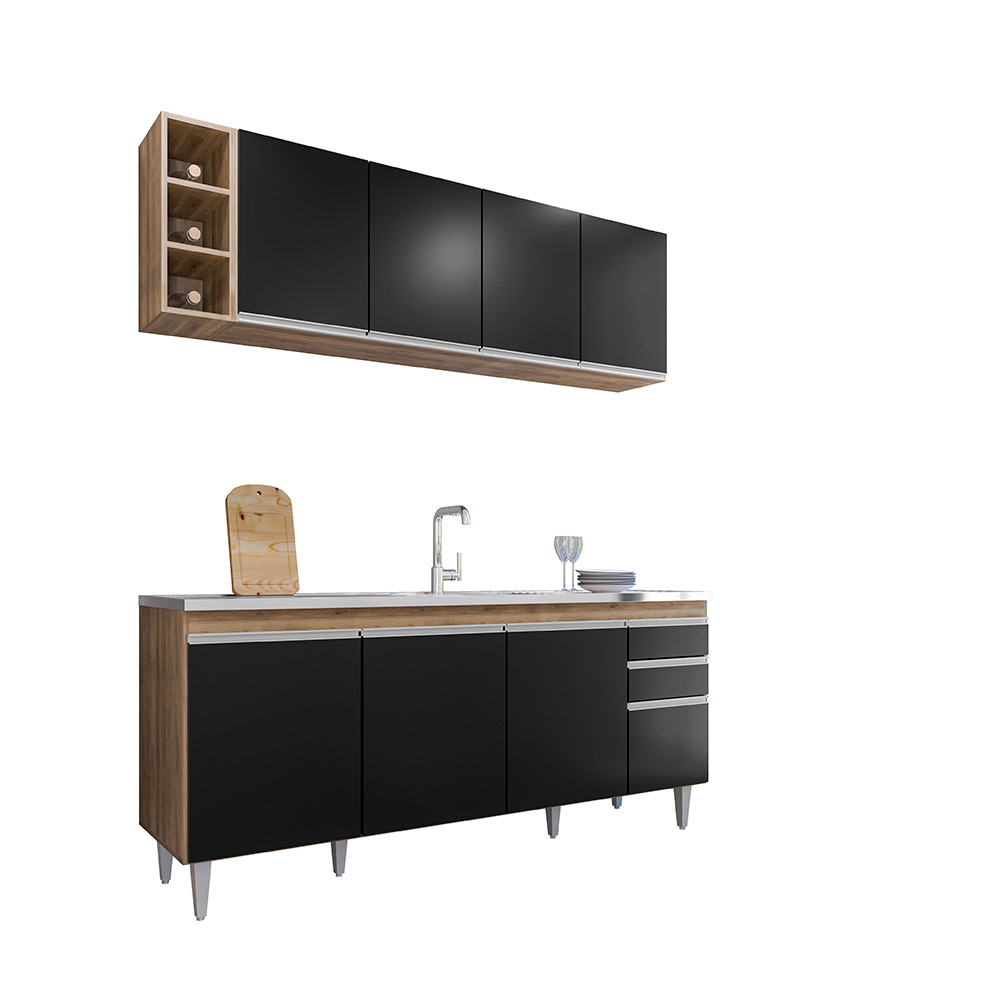 Conjunto Balcão de Cozinha para Pia Apex Armário Aéreo MDP/BP Freijó/Preto G96 - Gran Belo