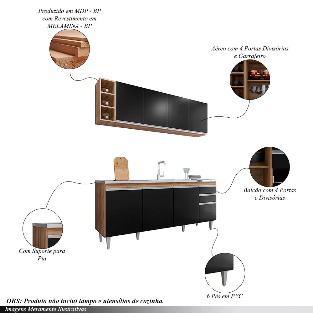 Conjunto Balcão de Cozinha para Pia Apex Armário Aéreo MDP/BP Freijó/Preto G96 - Gran Belo