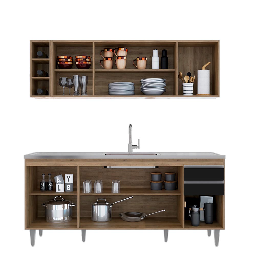 Conjunto Balcão de Cozinha para Pia Apex Armário Aéreo MDP/BP Freijó/Preto G96 - Gran Belo