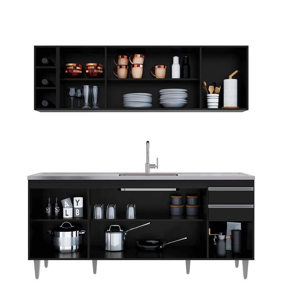 Conjunto Balcão de Cozinha para Pia Apex Armário Aéreo MDP/BP Preto G96 - Gran Belo