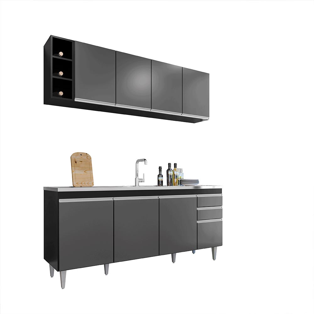 Conjunto Balcão de Cozinha para Pia Apex Armário Aéreo MDP/BP Preto/Grafite G96 - Gran Belo