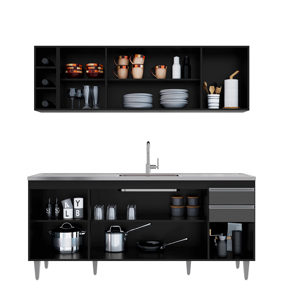 Conjunto Balcão de Cozinha para Pia Apex Armário Aéreo MDP/BP Preto/Grafite G96 - Gran Belo