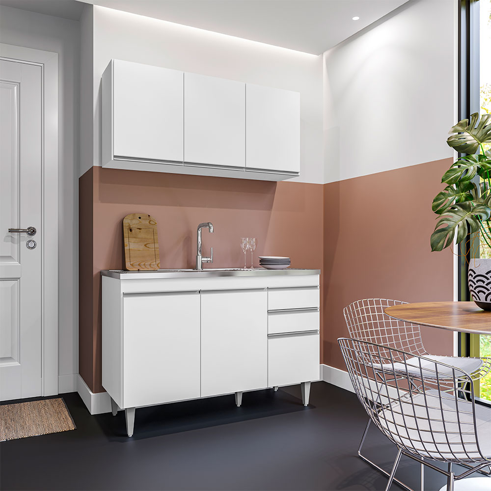 Conjunto Balcão de Cozinha para Pia Pursat Armário Aéreo MDP/BP Branco G96 - Gran Belo