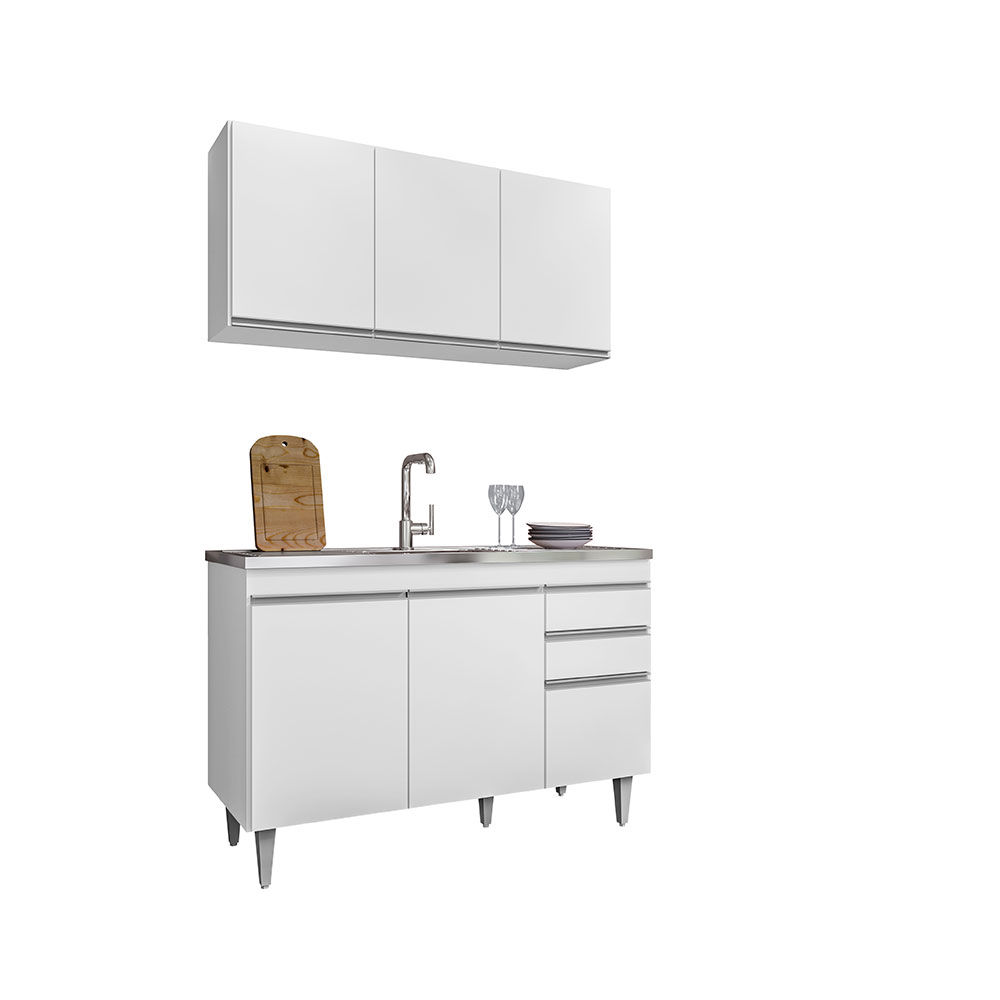 Conjunto Balcão de Cozinha para Pia Pursat Armário Aéreo MDP/BP Branco G96 - Gran Belo