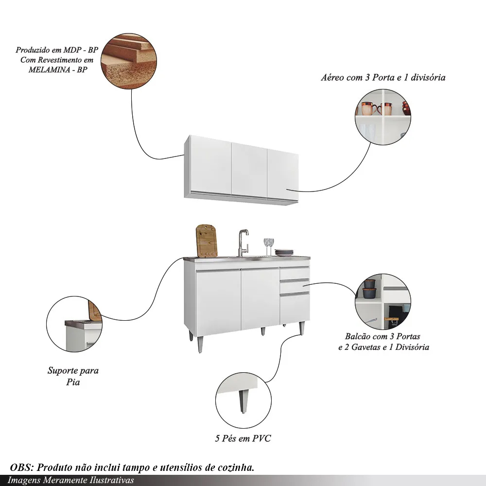 Conjunto Balcão de Cozinha para Pia Pursat Armário Aéreo MDP/BP Branco G96 - Gran Belo