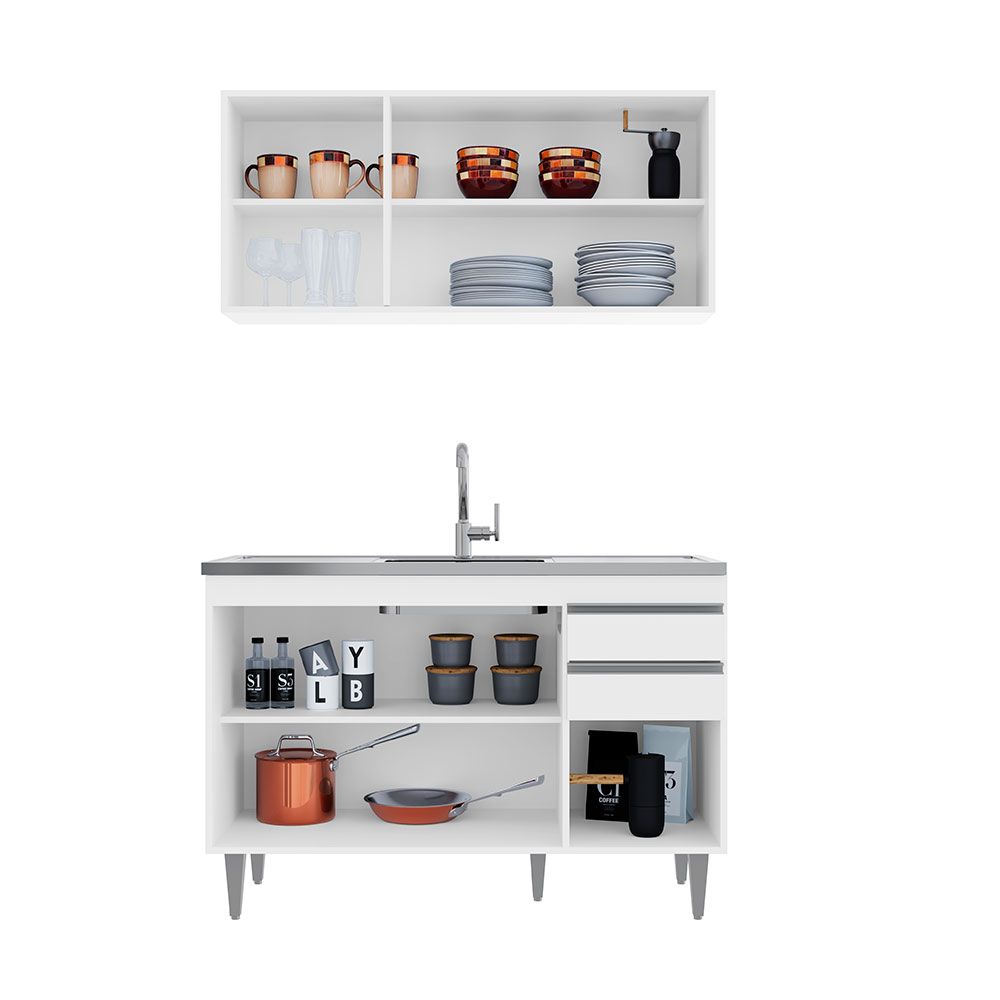 Conjunto Balcão de Cozinha para Pia Pursat Armário Aéreo MDP/BP Branco G96 - Gran Belo