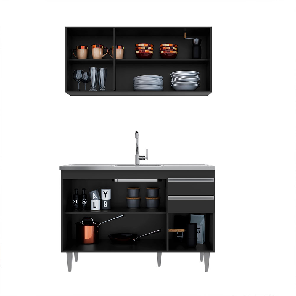 Conjunto Balcão de Cozinha para Pia Pursat Armário Aéreo MDP/BP Preto G96 - Gran Belo