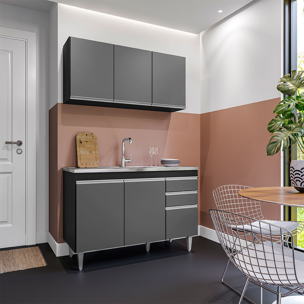 Conjunto Balcão de Cozinha para Pia Pursat Armário Aéreo MDP/BP Preto/Grafite G96 - Gran Belo