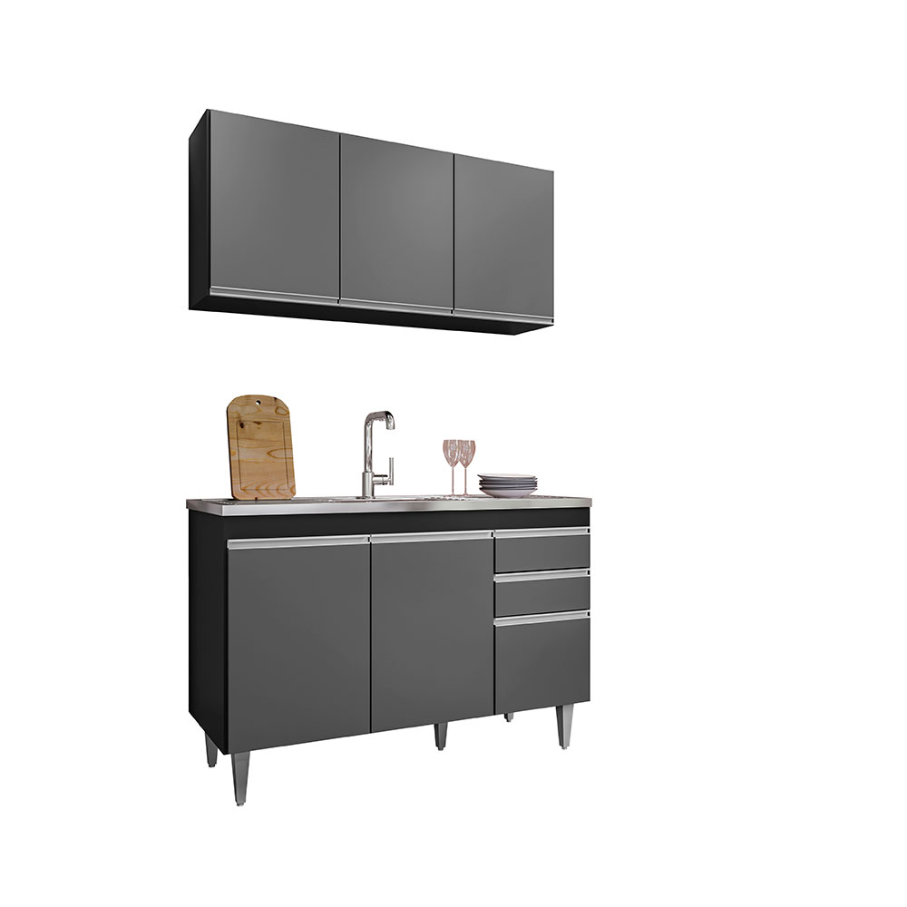 Conjunto Balcão de Cozinha para Pia Pursat Armário Aéreo MDP/BP Preto/Grafite G96 - Gran Belo