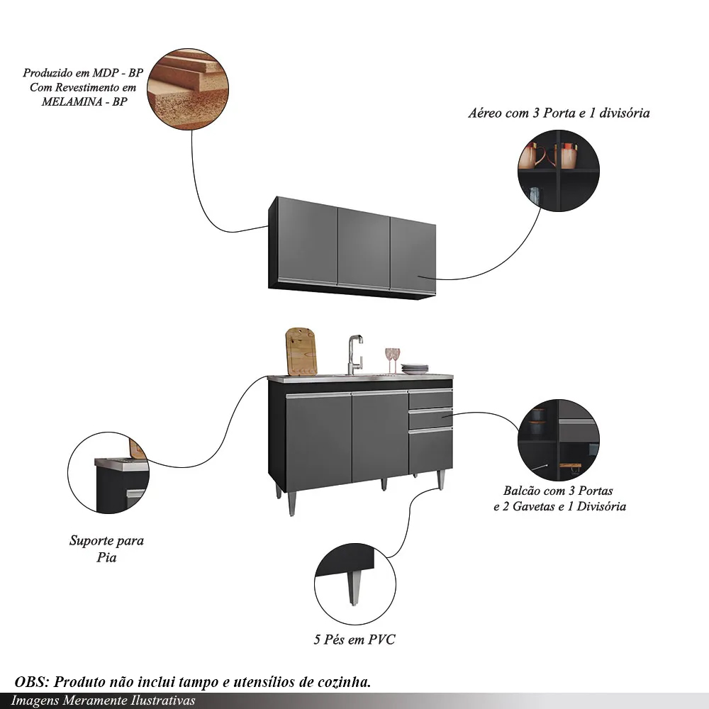 Conjunto Balcão de Cozinha para Pia Pursat Armário Aéreo MDP/BP Preto/Grafite G96 - Gran Belo