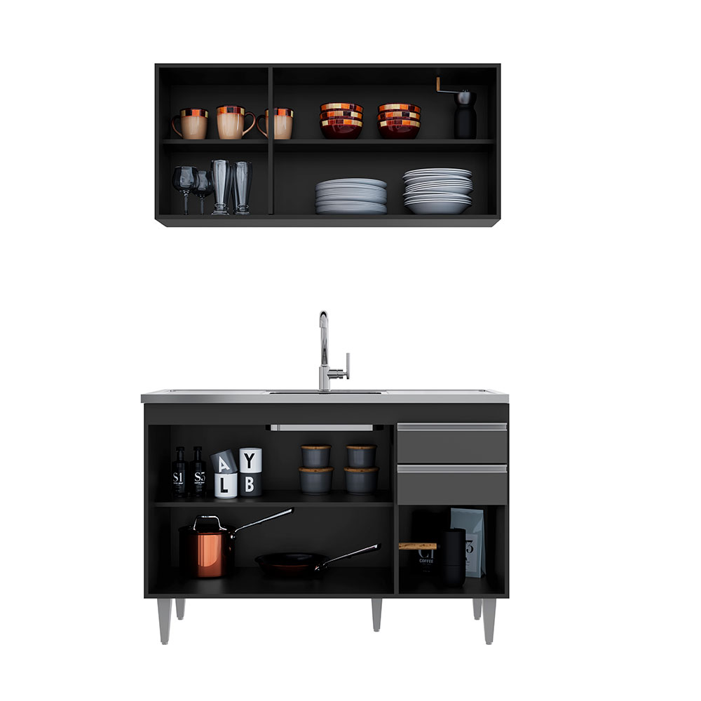 Conjunto Balcão de Cozinha para Pia Pursat Armário Aéreo MDP/BP Preto/Grafite G96 - Gran Belo