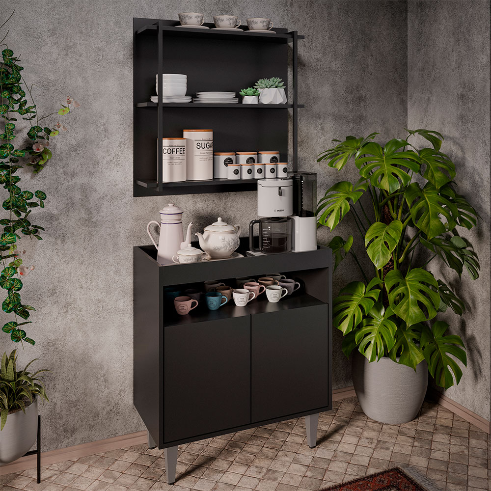 Conjunto Balcão e Painel Organizador com Solesi/Chico 3 Prateleiras Preto G96 - Gran Belo