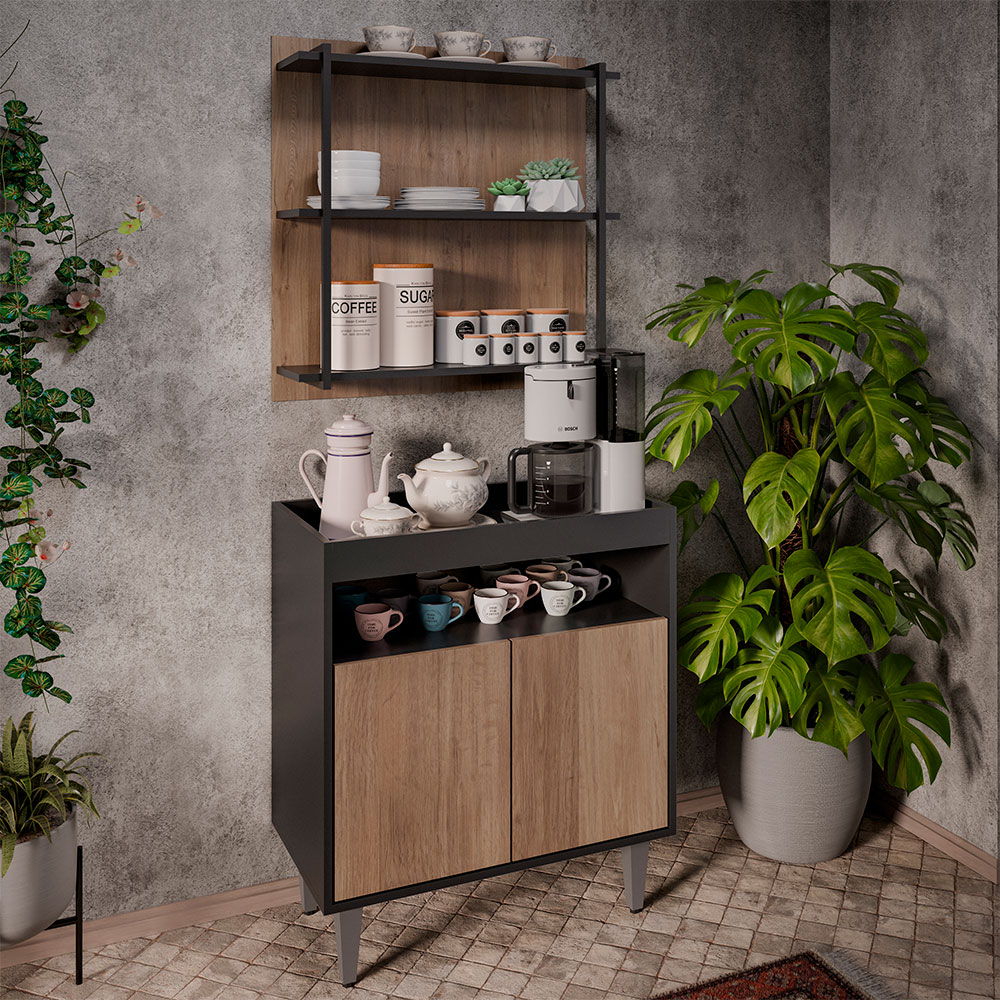 Conjunto Balcão e Painel Organizador com Solesi/Chico 3 Prateleiras Preto/Freijó G96 - Gran Belo