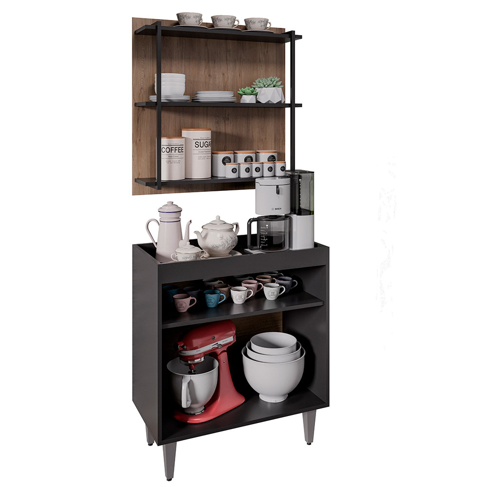 Conjunto Balcão e Painel Organizador com Solesi/Chico 3 Prateleiras Preto/Freijó G96 - Gran Belo