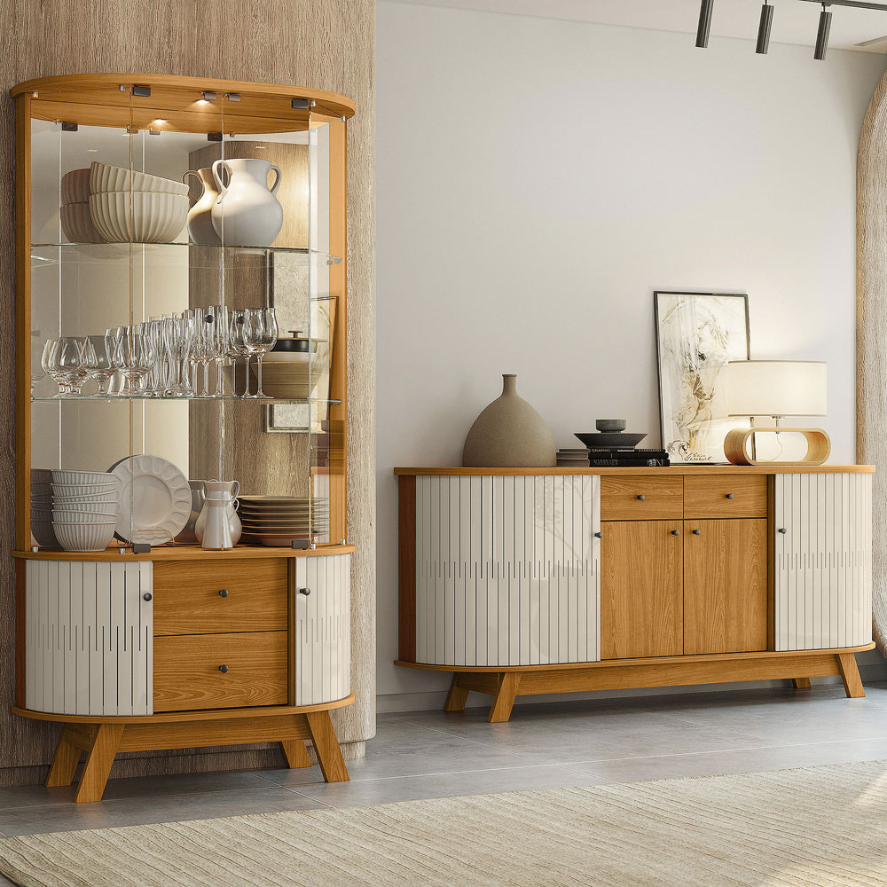 Conjunto Buffet com Cristaleira Pitt/Swank Iluminação Led Gavetas MDP Cinamomo/OffWhite G97 - Gran Belo