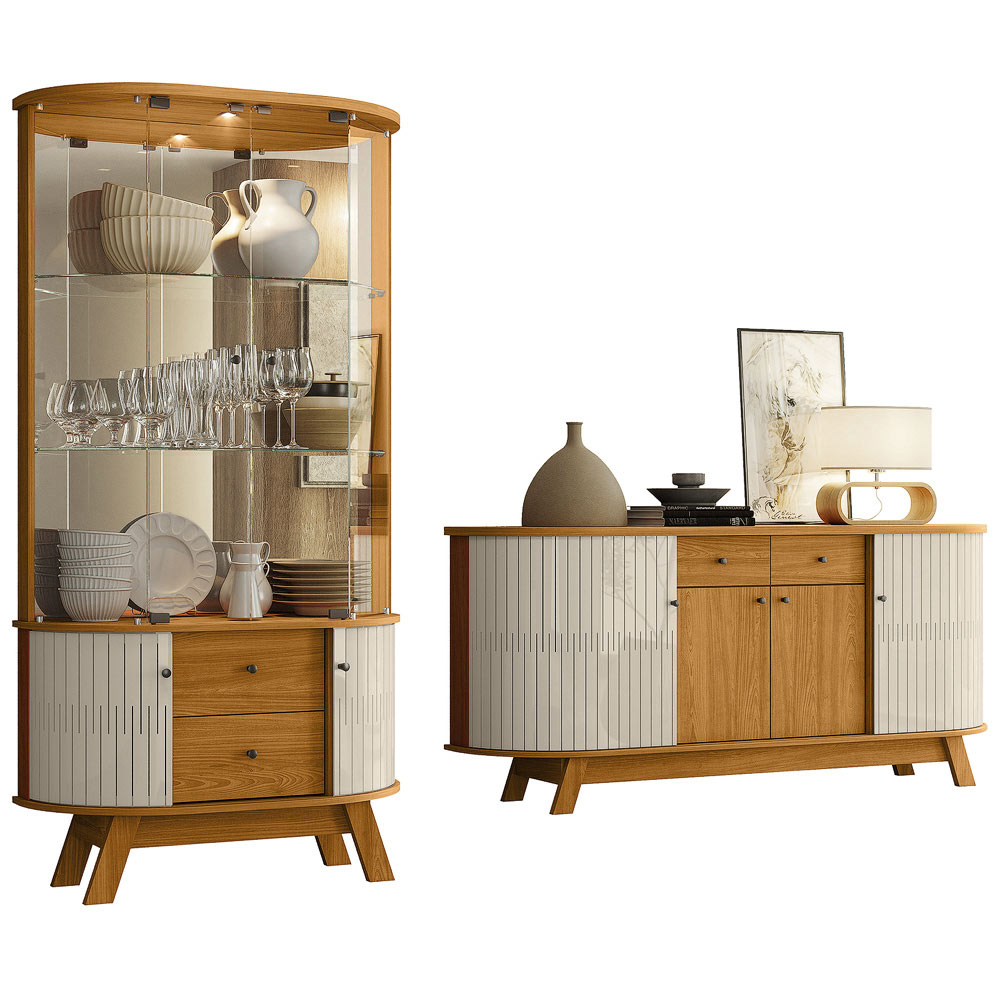 Conjunto Buffet com Cristaleira Pitt/Swank Iluminação Led Gavetas MDP Cinamomo/OffWhite G97 - Gran Belo