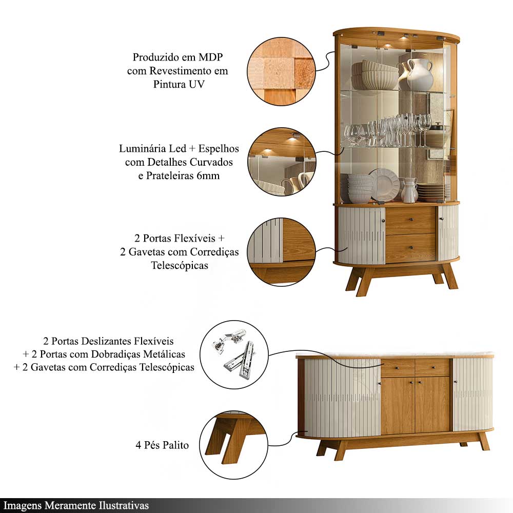 Conjunto Buffet com Cristaleira Pitt/Swank Iluminação Led Gavetas MDP Cinamomo/OffWhite G97 - Gran Belo