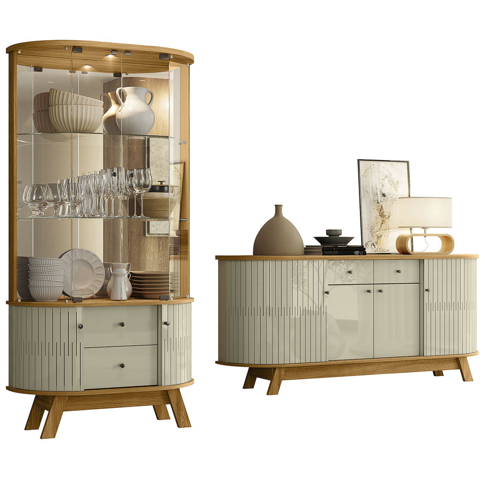 Conjunto Buffet com Cristaleira Pitt/Swank Iluminação Led Gavetas MDP Cumaru/Opala G97 - Gran Belo
