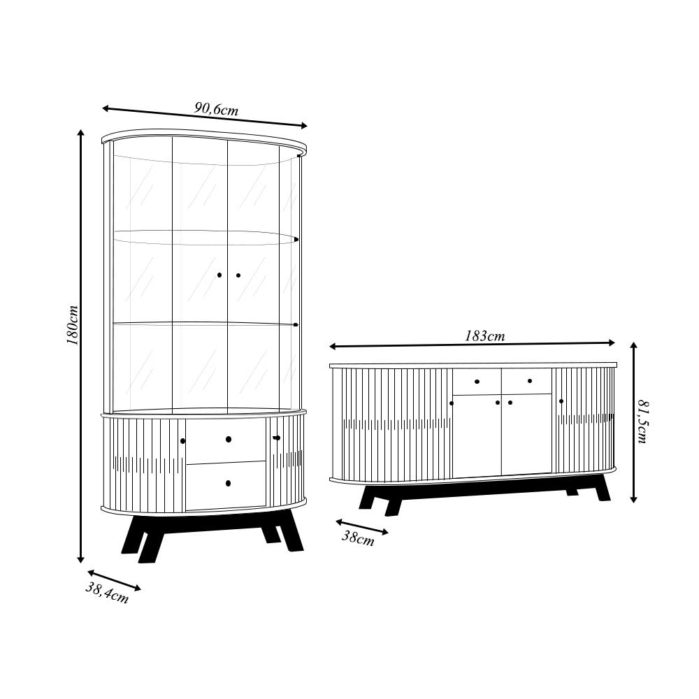 Conjunto Buffet com Cristaleira Pitt/Swank Iluminação Led Gavetas MDP Cumaru/Opala G97 - Gran Belo