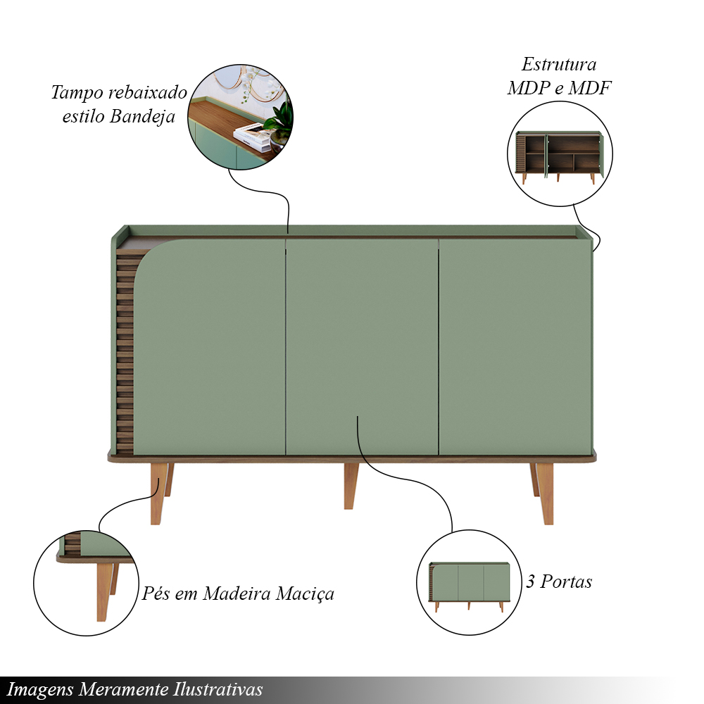 Conjunto Buffet e Cristaleira Decorativa Sala de Estar Versátil Village Pés de Madeira Hortelã/ Amêndoa G73 - Gran Belo