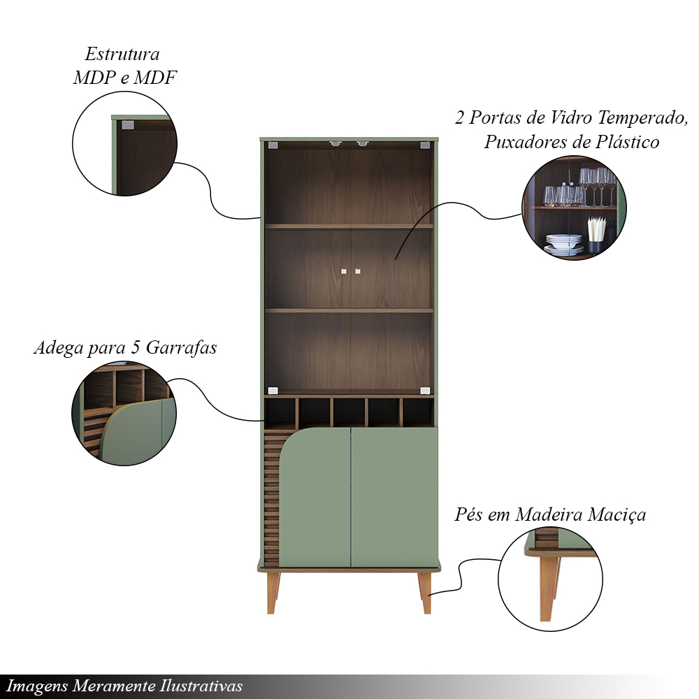 Conjunto Buffet e Cristaleira Decorativa Sala de Estar Versátil Village Pés de Madeira Hortelã/ Amêndoa G73 - Gran Belo