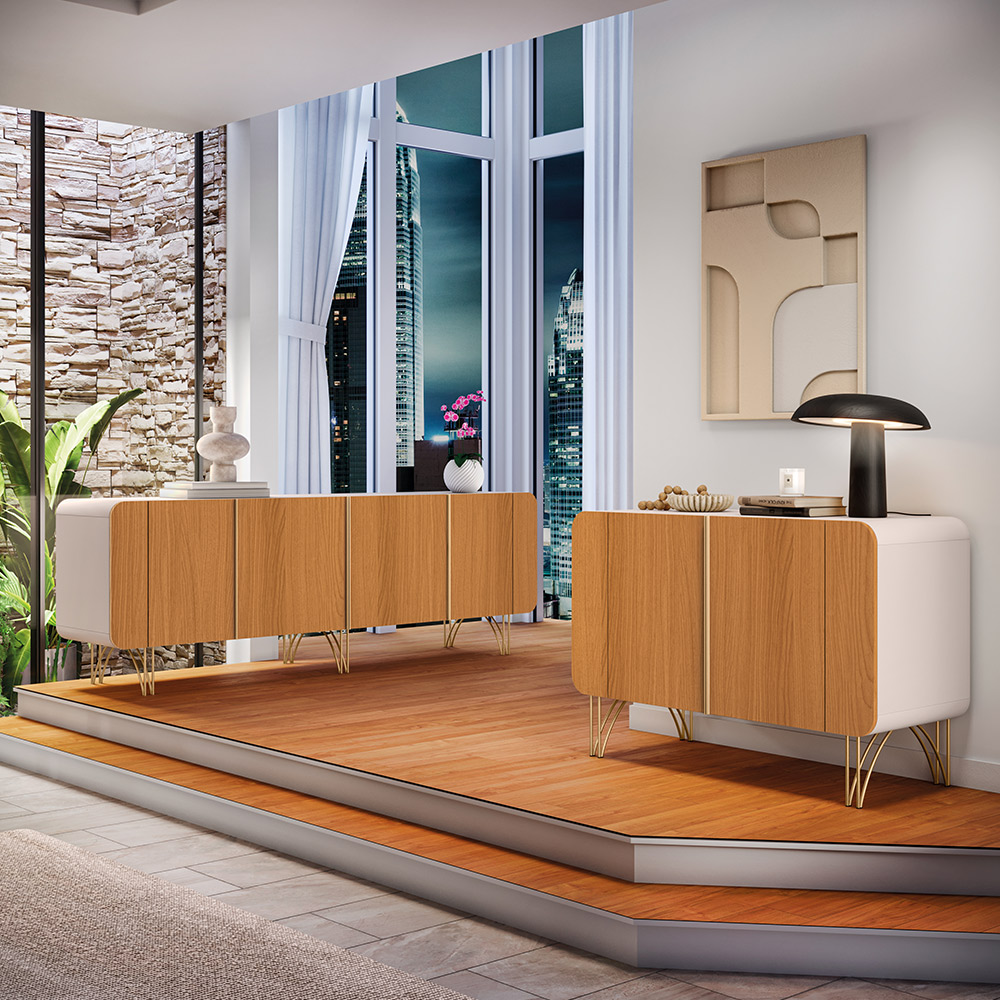 Conjunto Buffets Sala de Estar Benvenuto/Saluti MDP/MDF Pés em Aço Off White/Cinamomo G26 - HB Móveis