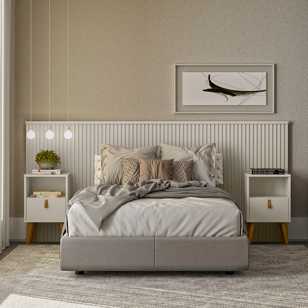 Conjunto Cabeceira Decorativa Noronha 240cm e 2 Mesas de Cabeceira Ilhéus Off White G77 - Gran Belo