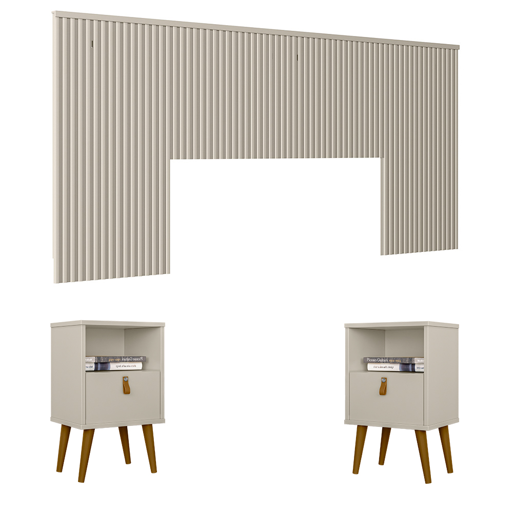Conjunto Cabeceira Decorativa Noronha 240cm e 2 Mesas de Cabeceira Ilhéus Off White G77 - Gran Belo