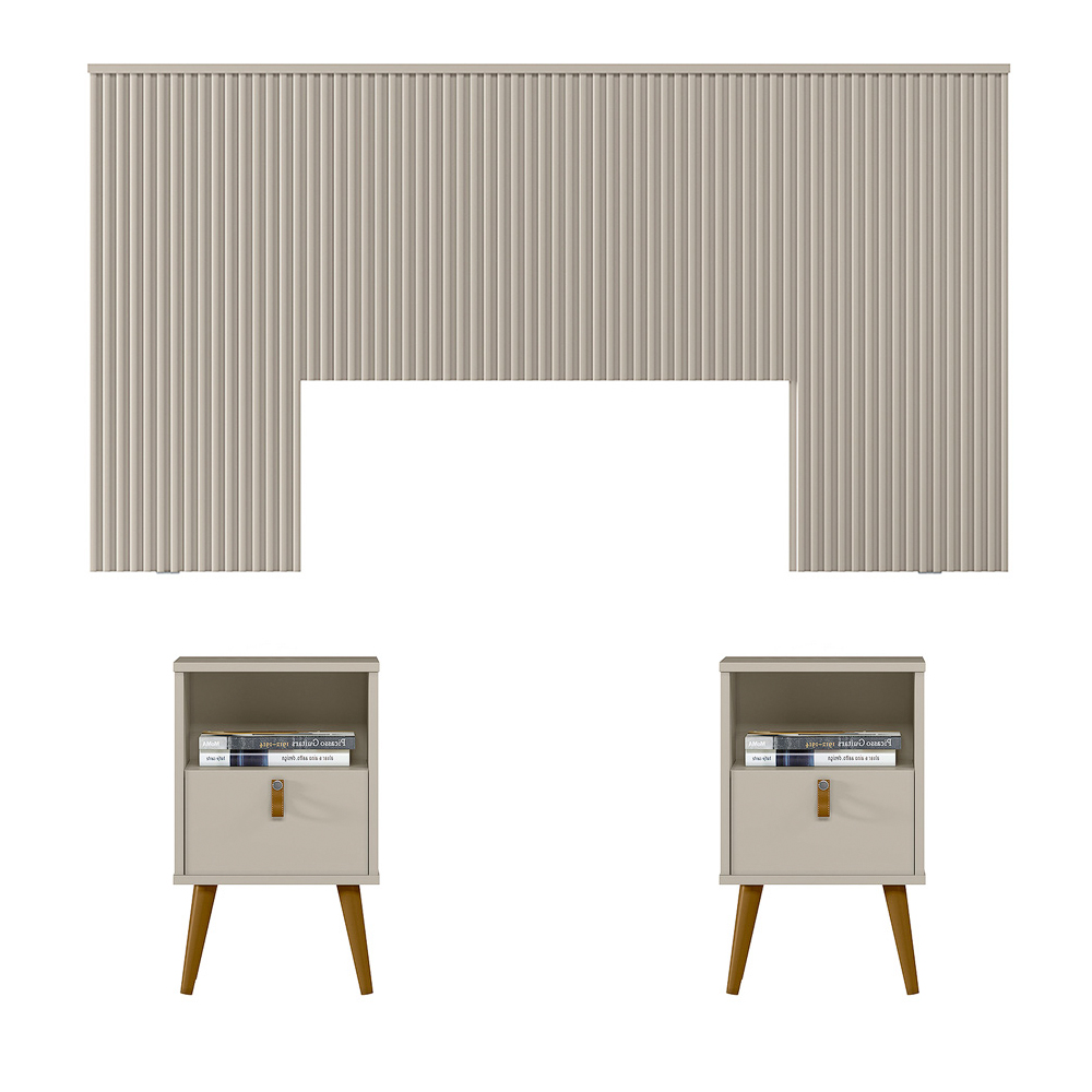 Conjunto Cabeceira Decorativa Noronha 240cm e 2 Mesas de Cabeceira Ilhéus Off White G77 - Gran Belo