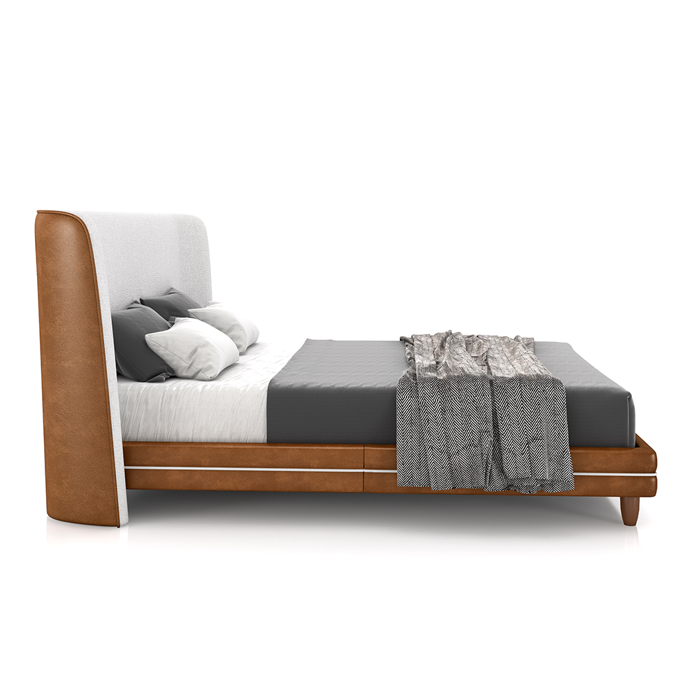 Conjunto Cama com Cabeceira King Torres Pés em Madeira PU/Bouclê Caramelo/Off White G91 - Gran Belo