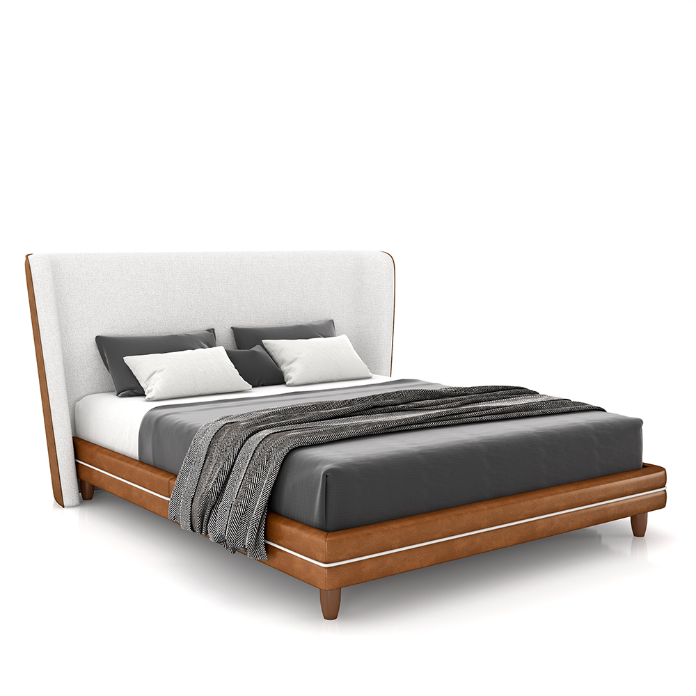 Conjunto Cama com Cabeceira King Torres Pés em Madeira PU/Bouclê Caramelo/Off White G91 - Gran Belo