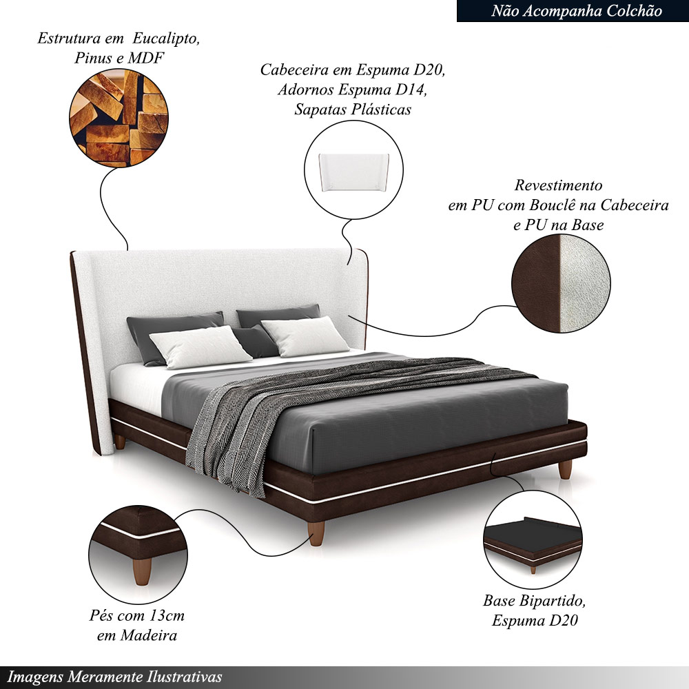 Conjunto Cama com Cabeceira King Torres Pés em Madeira PU/Bouclê Marrom/Off White G91 - Gran Belo