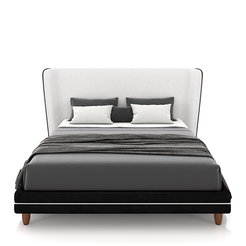 Conjunto Cama com Cabeceira King Torres Pés em Madeira PU/Bouclê Preto/Off White G91 - Gran Belo