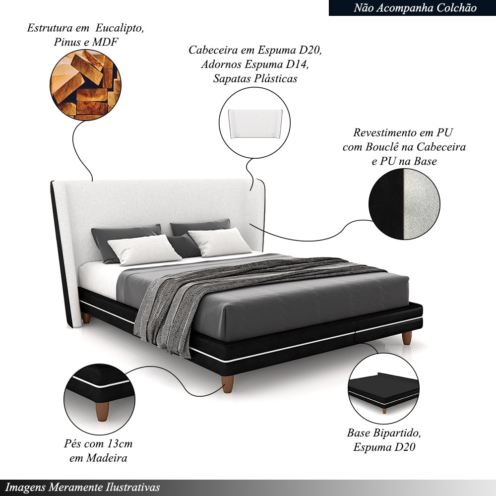 Conjunto Cama com Cabeceira King Torres Pés em Madeira PU/Bouclê Preto/Off White G91 - Gran Belo