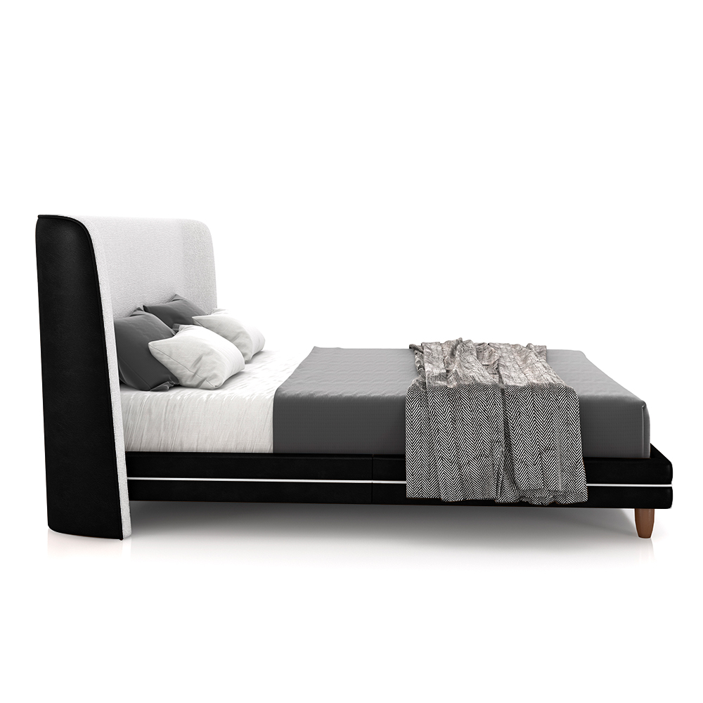 Conjunto Cama com Cabeceira King Torres Pés em Madeira PU/Bouclê Preto/Off White G91 - Gran Belo