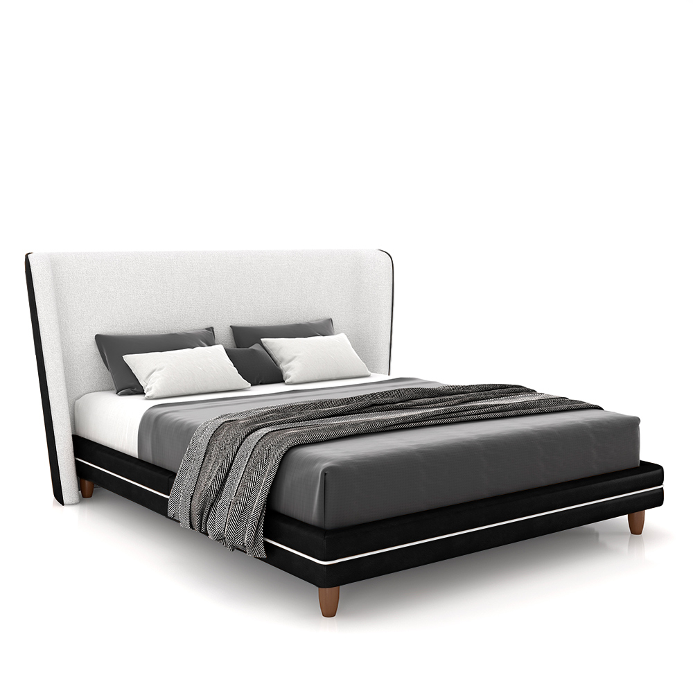 Conjunto Cama com Cabeceira King Torres Pés em Madeira PU/Bouclê Preto/Off White G91 - Gran Belo