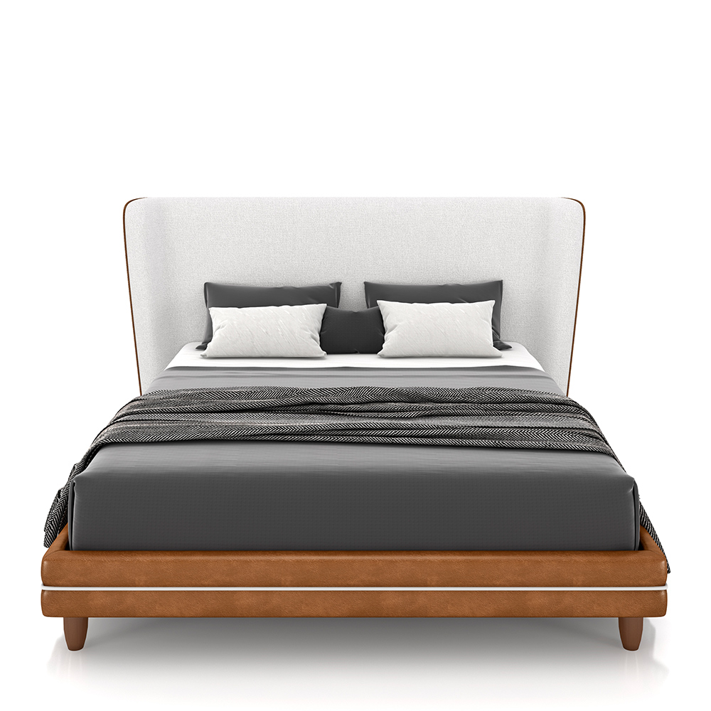 Conjunto Cama com Cabeceira Queen Torres Pés em Madeira PU/Bouclê Caramelo/Off White G91 - Gran Belo