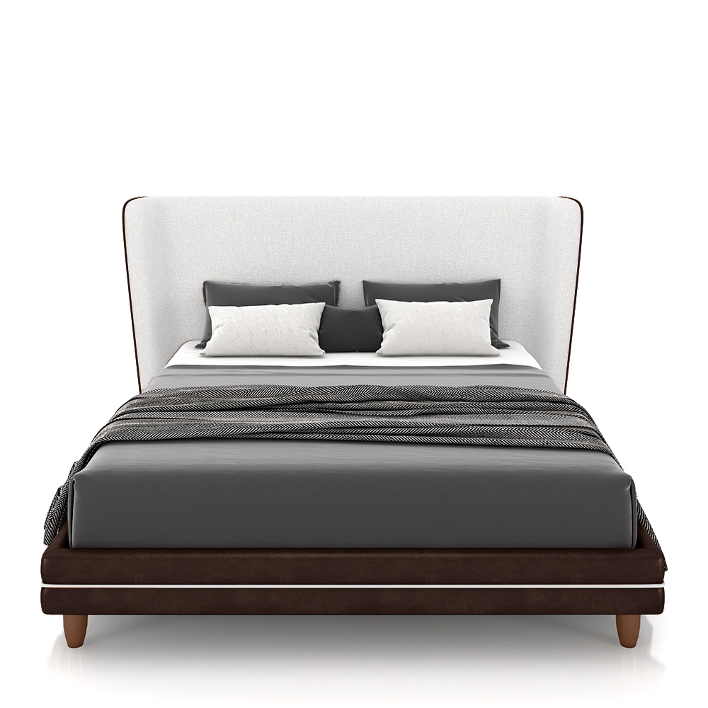 Conjunto Cama com Cabeceira Queen Torres Pés em Madeira PU/Bouclê Marrom/Off White G91 - Gran Belo