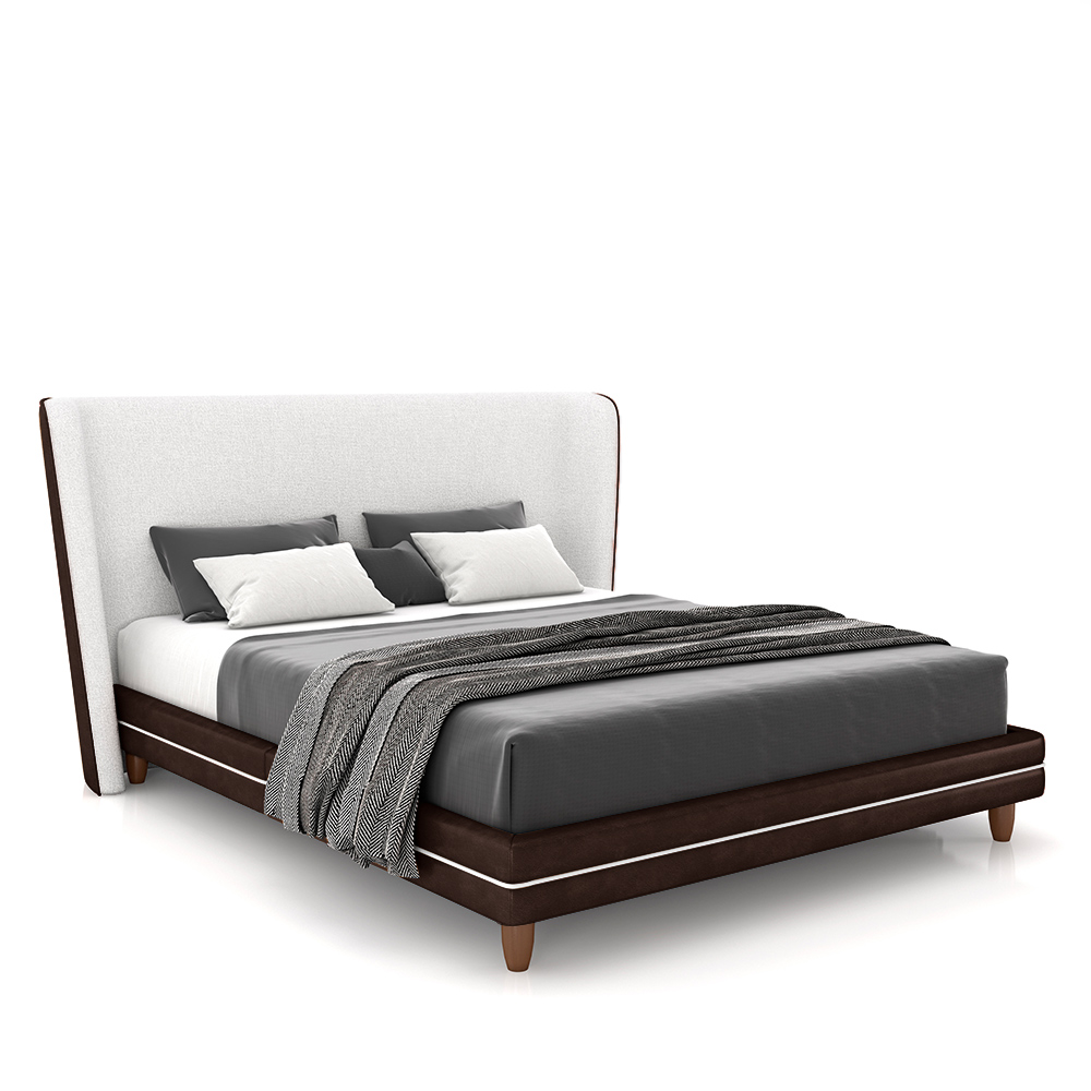 Conjunto Cama com Cabeceira Queen Torres Pés em Madeira PU/Bouclê Marrom/Off White G91 - Gran Belo