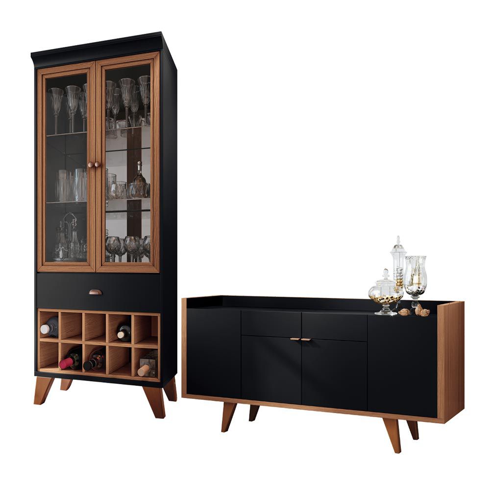 Conjunto Cristaleira Adega Bar e Buffet Balcão Decorativo Andorra/Albani Preto/Nature G26 - Gran Belo