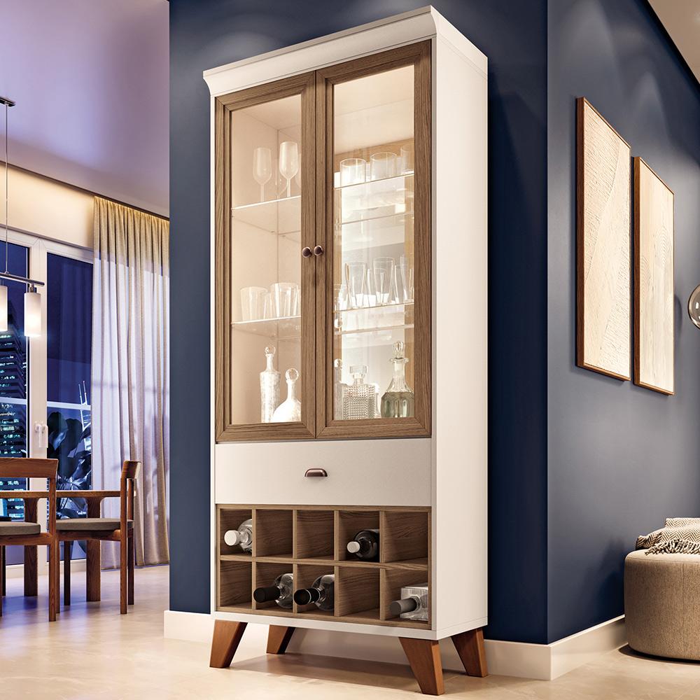 Conjunto Cristaleira Adega MDP/MDF e Buffet Balcão Andorra/Albâni Off White/Castanho G26 - Gran Belo