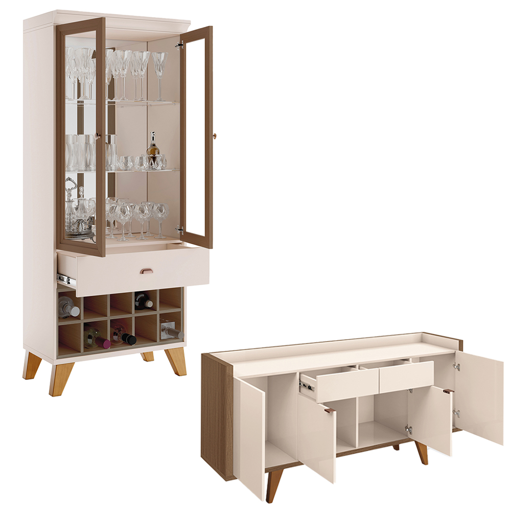 Conjunto Cristaleira Adega MDP/MDF e Buffet Balcão Andorra/Albâni Off White/Castanho G26 - Gran Belo