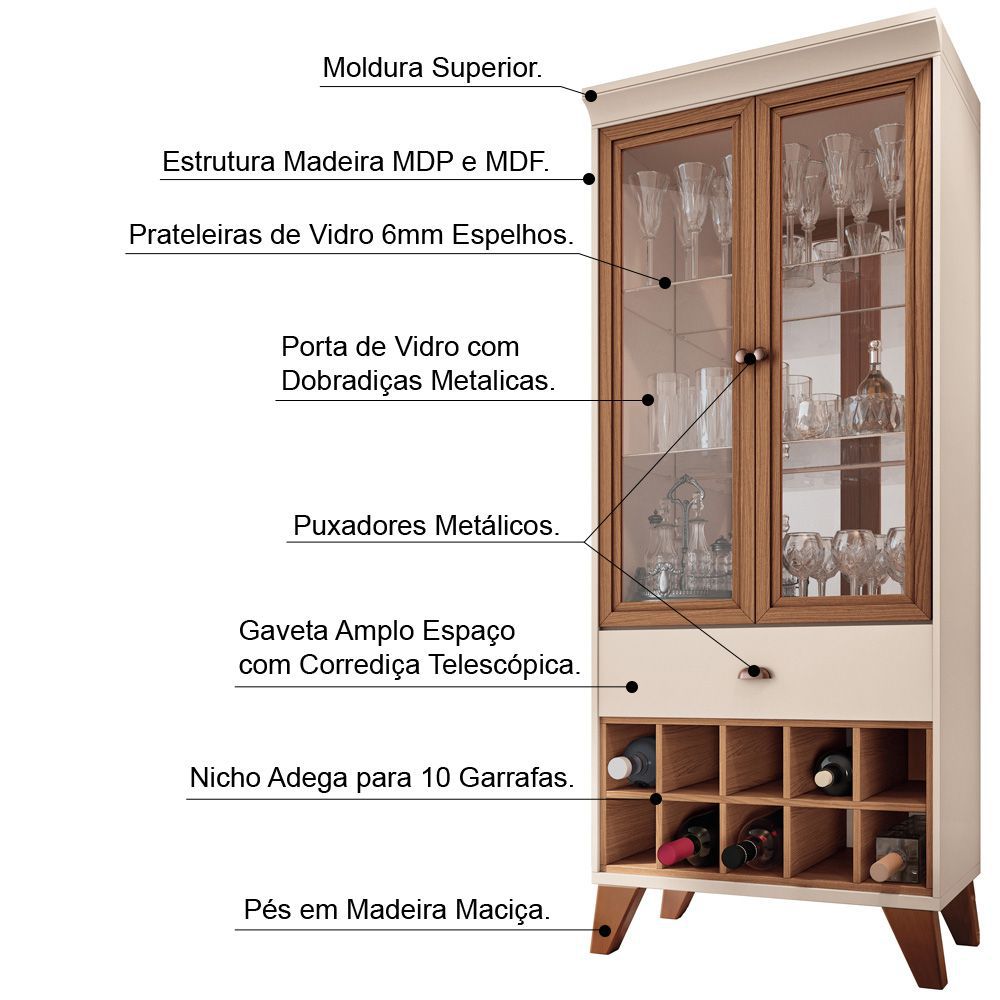 Conjunto Cristaleira Bar Adega e Buffet Aparador Balcão Albâni/Andorra Off White/Nature G26 - Gran Belo