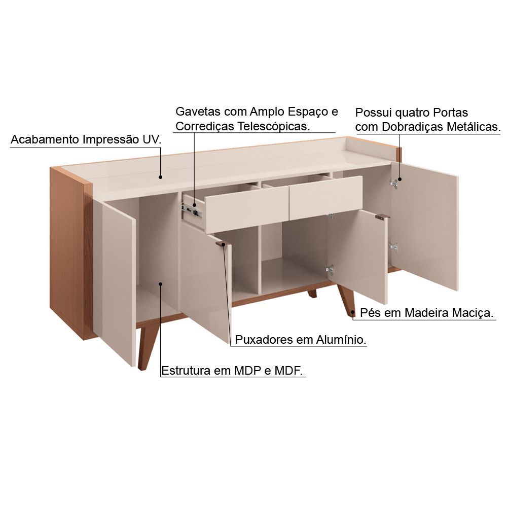 Conjunto Cristaleira Bar Adega e Buffet Aparador Balcão Albâni/Andorra Off White/Nature G26 - Gran Belo