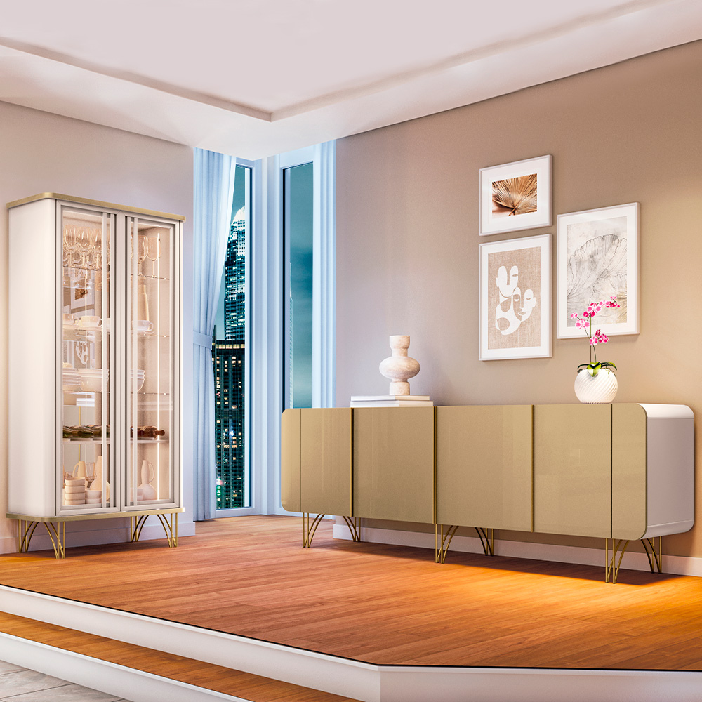 Conjunto Cristaleira Buffet com LED Portas de Vidro Évora/Saluti Off White/Champagne G26 - HB Móveis