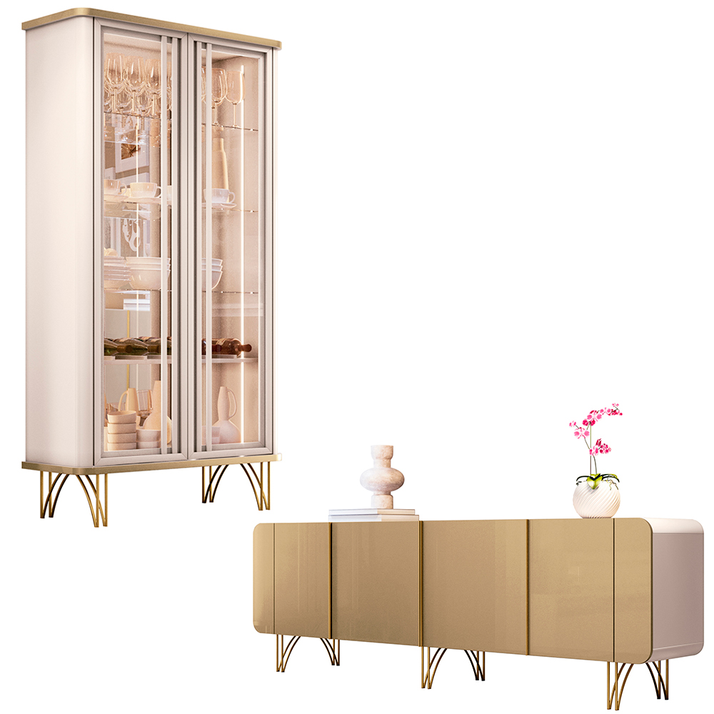 Conjunto Cristaleira Buffet com LED Portas de Vidro Évora/Saluti Off White/Champagne G26 - HB Móveis