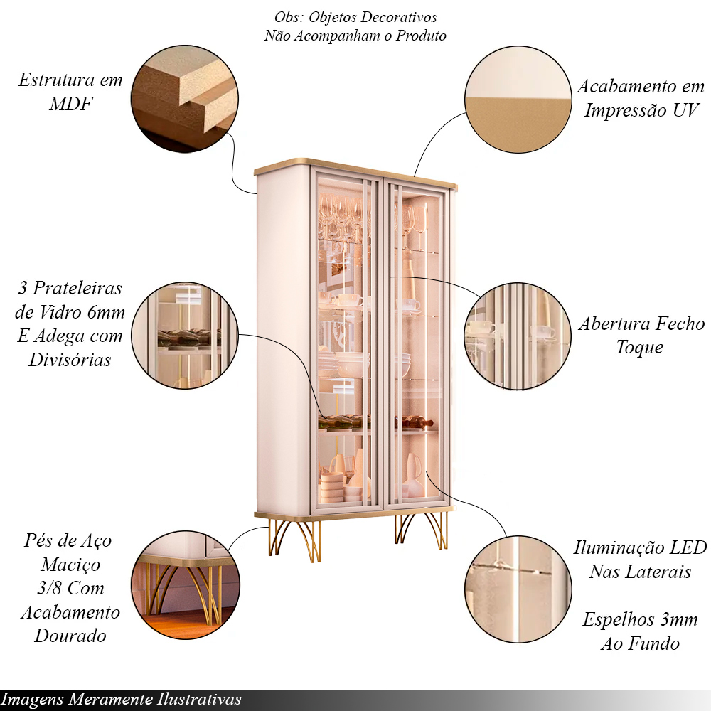 Conjunto Cristaleira Buffet com LED Portas de Vidro Évora/Saluti Off White/Champagne G26 - HB Móveis