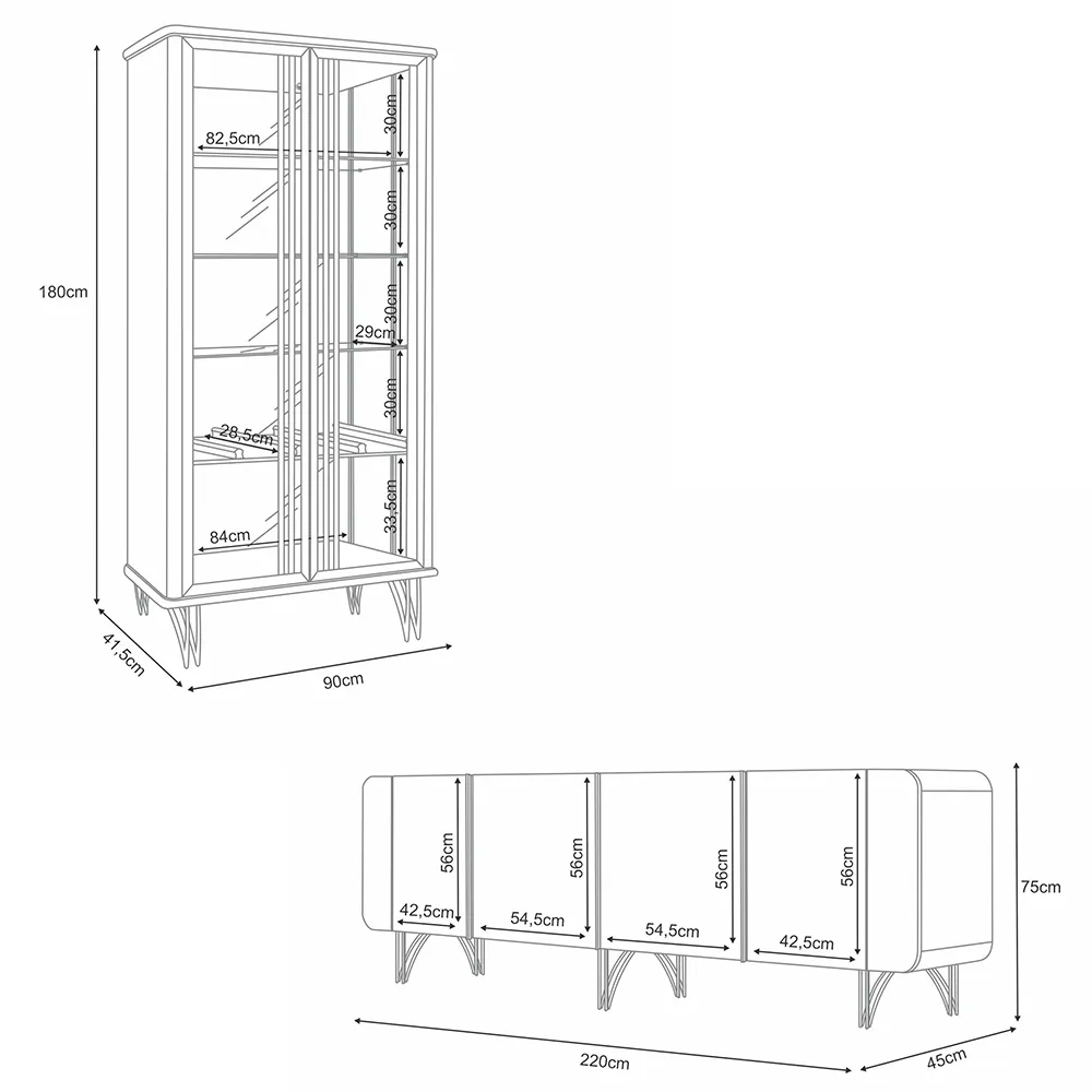 Conjunto Cristaleira Buffet com LED Portas de Vidro Évora/Saluti Off White/Champagne G26 - HB Móveis